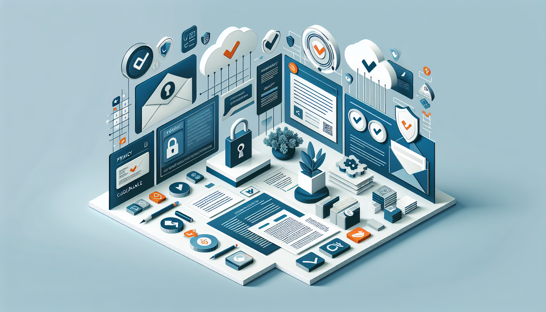 Modernes, professionelles Bild mit Icons zu Datenschutz, IT-Sicherheit und Compliance für E-Mail-Marketing